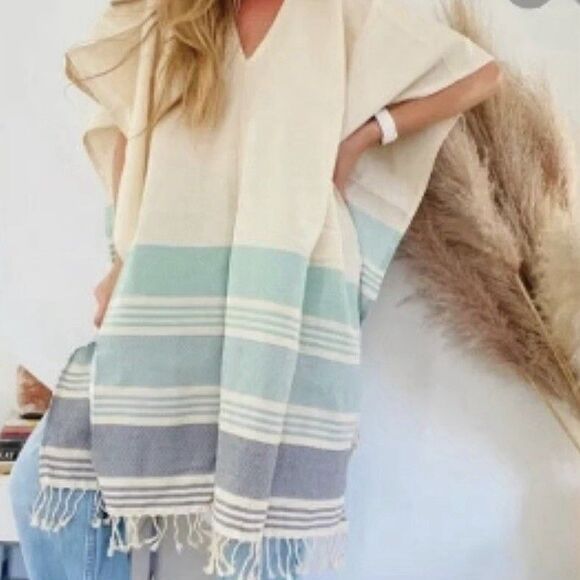 Tribe Alive Fringed Beach Cotton Poncho Kaftan One Size Swim Coverup - Picture 5 of 6